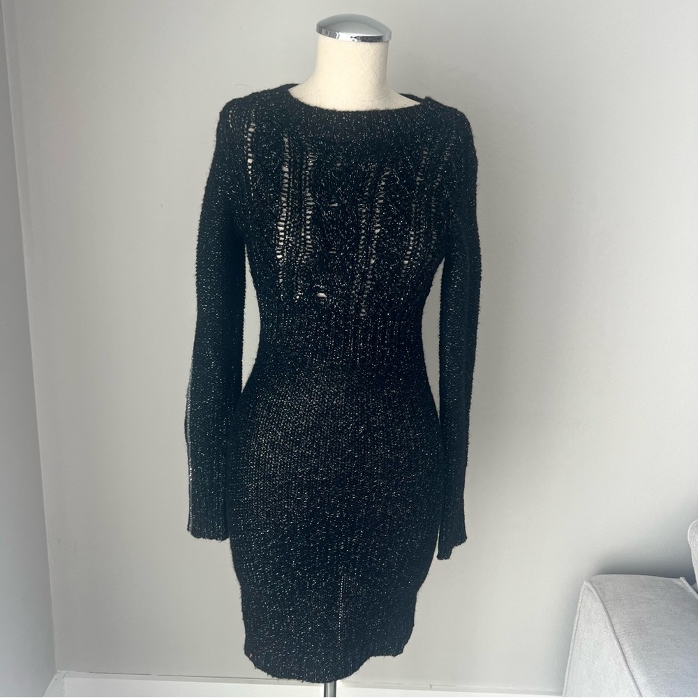 Black sparkly alpaca blend knit dress with long sleeves